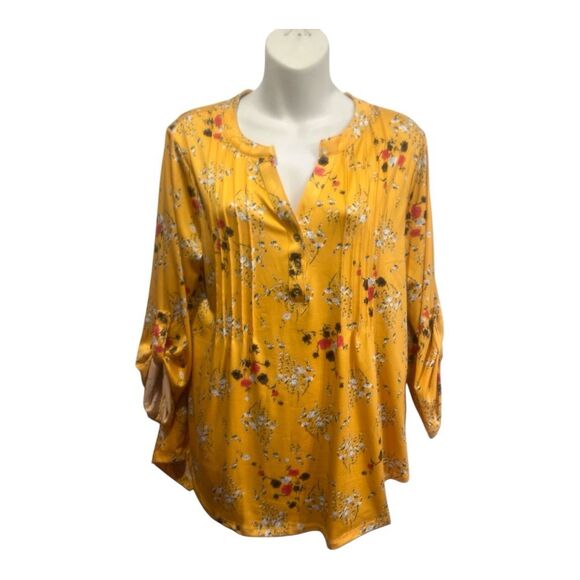 NY Collection Tops - NY Collection Women's Floral Blouse Yellow V-Neck 3/4 Sleeve Standard Size M